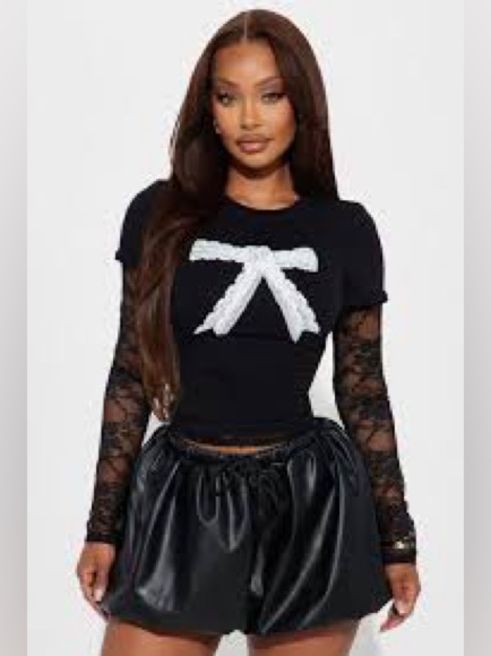 Fashion Nova Black White Bow Sheer Lace Sleeve Top XL